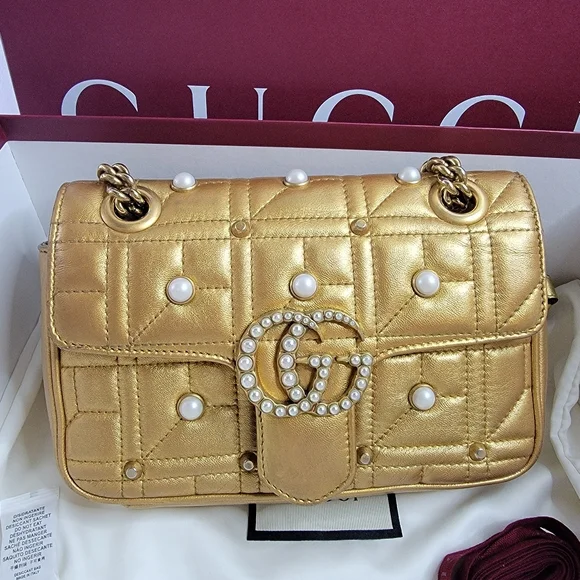 GUCCI GG Marmont Pearl Studs Quilted Crossbody/Shoulder Bag